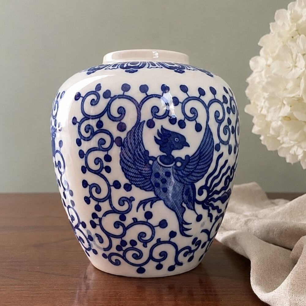 Vintage Japanese Blue Phoenix Floral Porcelain Ginger Jar | Chinoiserie Decor